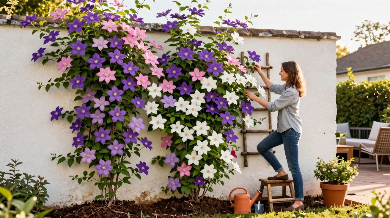 Mulher cuidando de flores coloridas em treliça contra muro branco em jardim ensolarado.