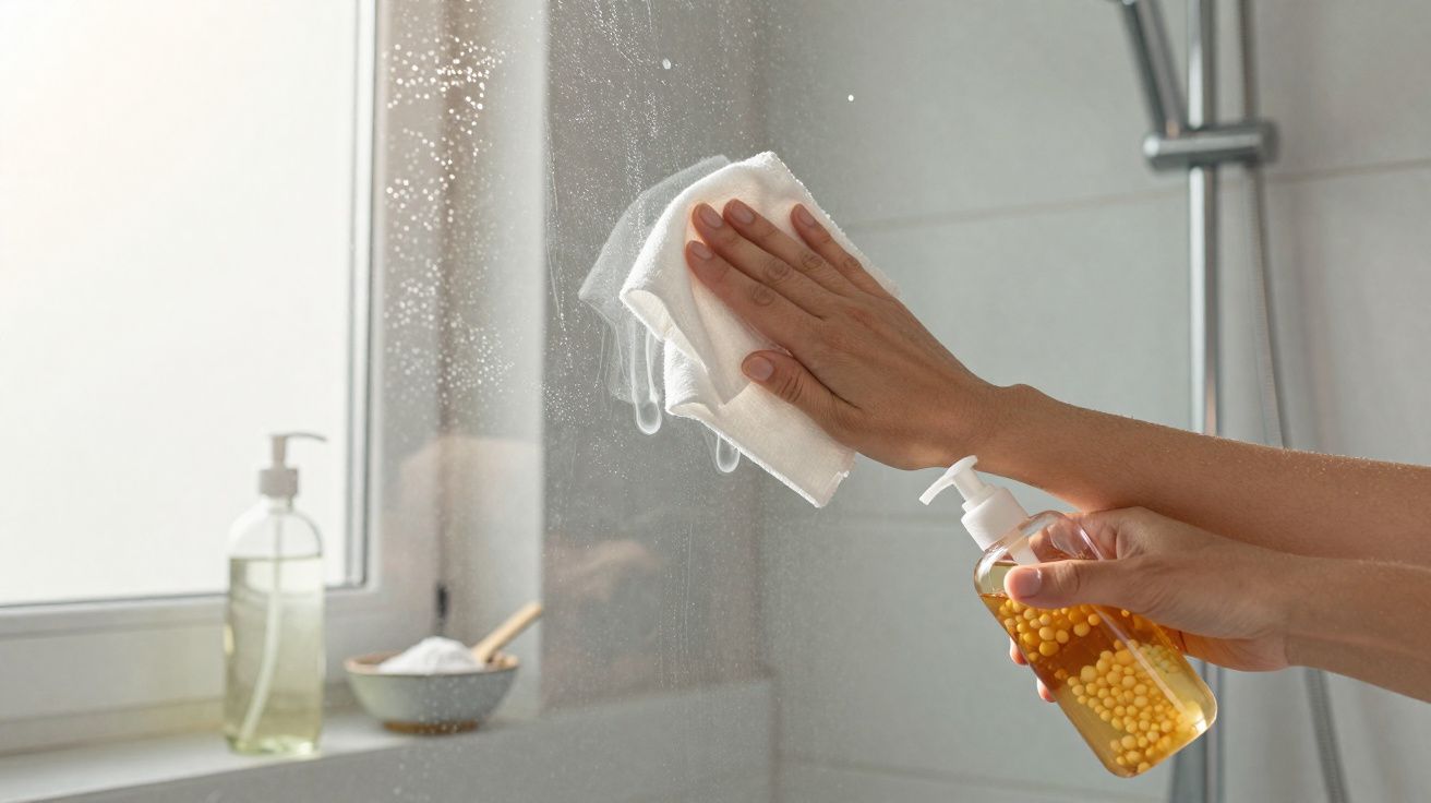 Pessoa limpando espelho do banheiro com pano branco e spray de limpeza amarelo.
