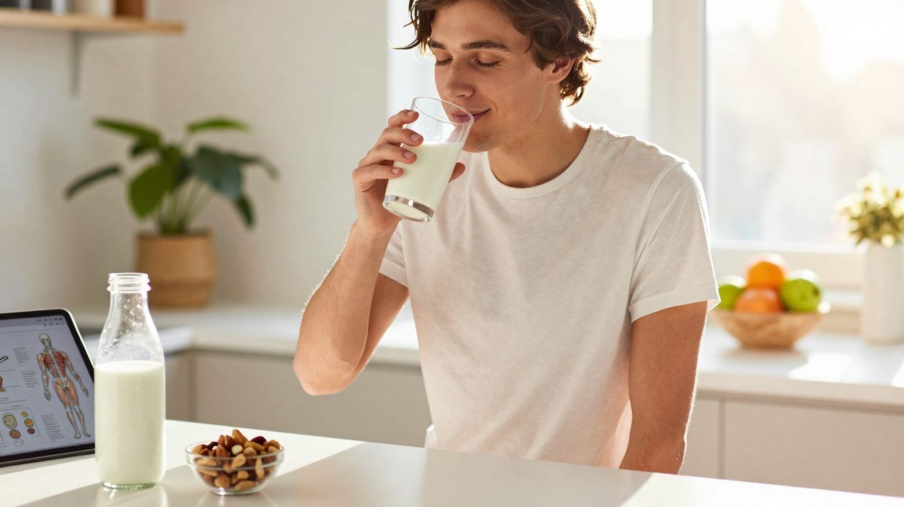 Jovem sentado em cozinha moderna bebendo copo de leite, com laptop e castanhas sobre a mesa.