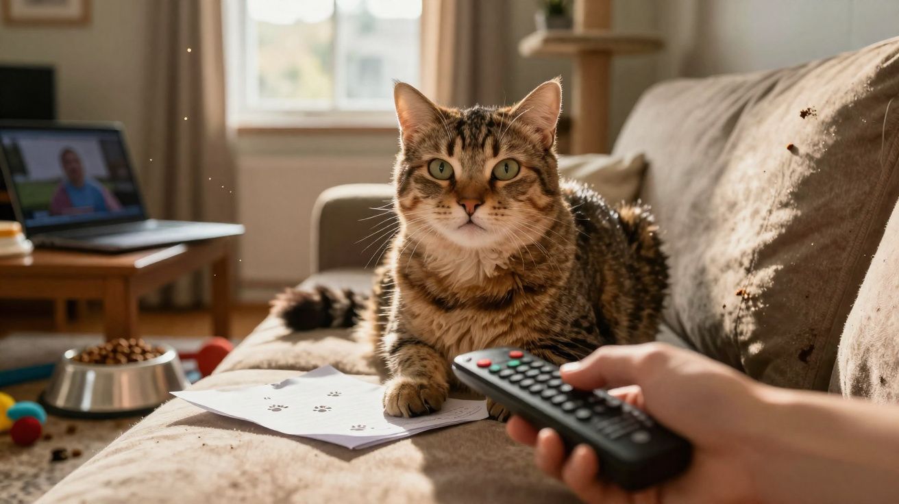 Gato deitado no sofá diante de pessoa segurando controle remoto, com comedouro e laptop ao fundo.