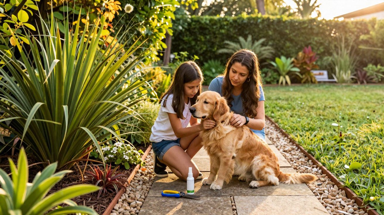 Menina e mulher cuidam de cachorro golden retriever em jardim com plantas e gramado ao entardecer.