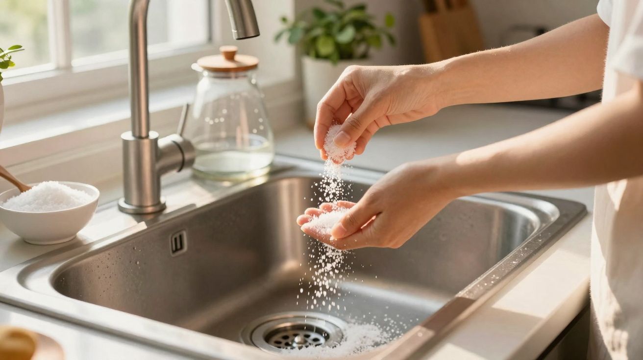 Mãos espalhando sal grosso em uma pia de cozinha perto de uma janela iluminada.