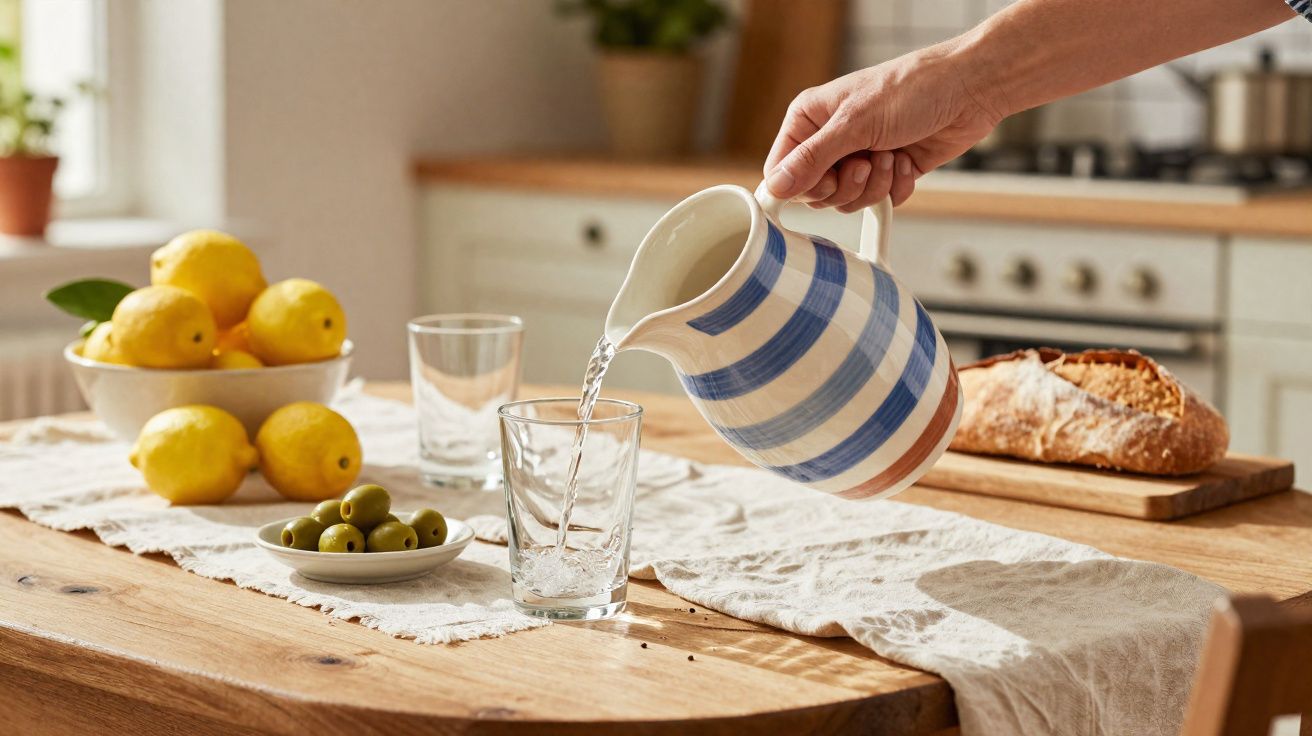 Pessoa servindo água de jarra listrada em copo sobre mesa com limões, azeitonas e pão.