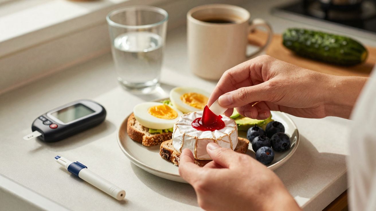 Pessoa pegando geléia de morango com pão e queijo, com ovos, mirtilos, café, água e equipamentos para diabetes.