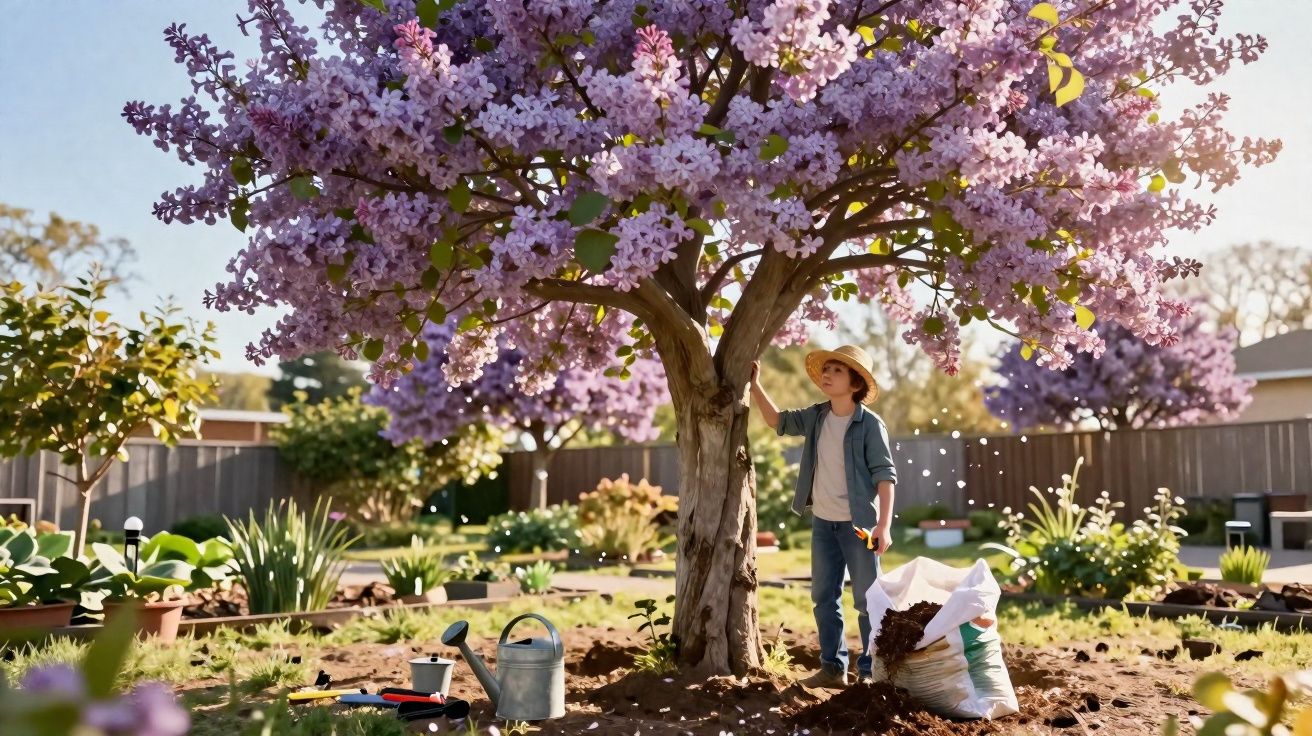 Criança com chapéu regando e cuidando de árvore florida roxa em um jardim ensolarado.