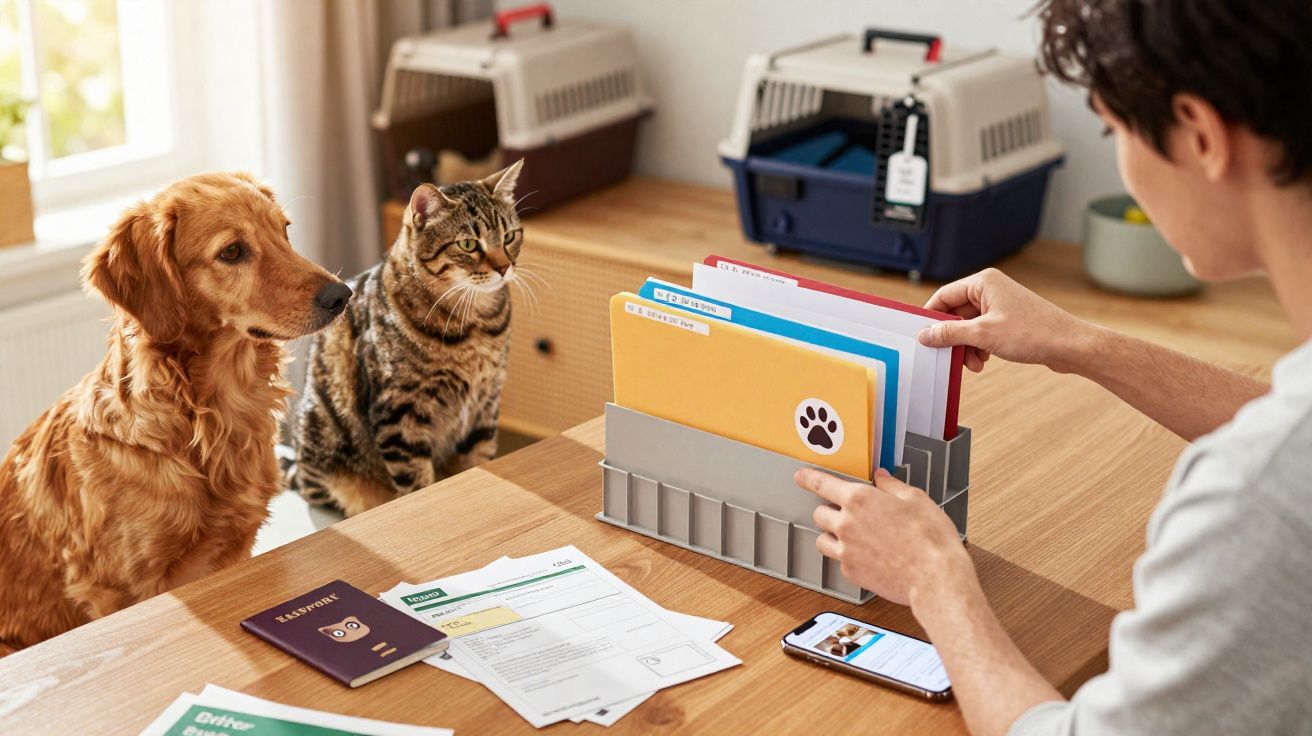 Pessoa organizando documentos em pasta com cachorro e gato observando em mesa com caixas de transporte animal.
