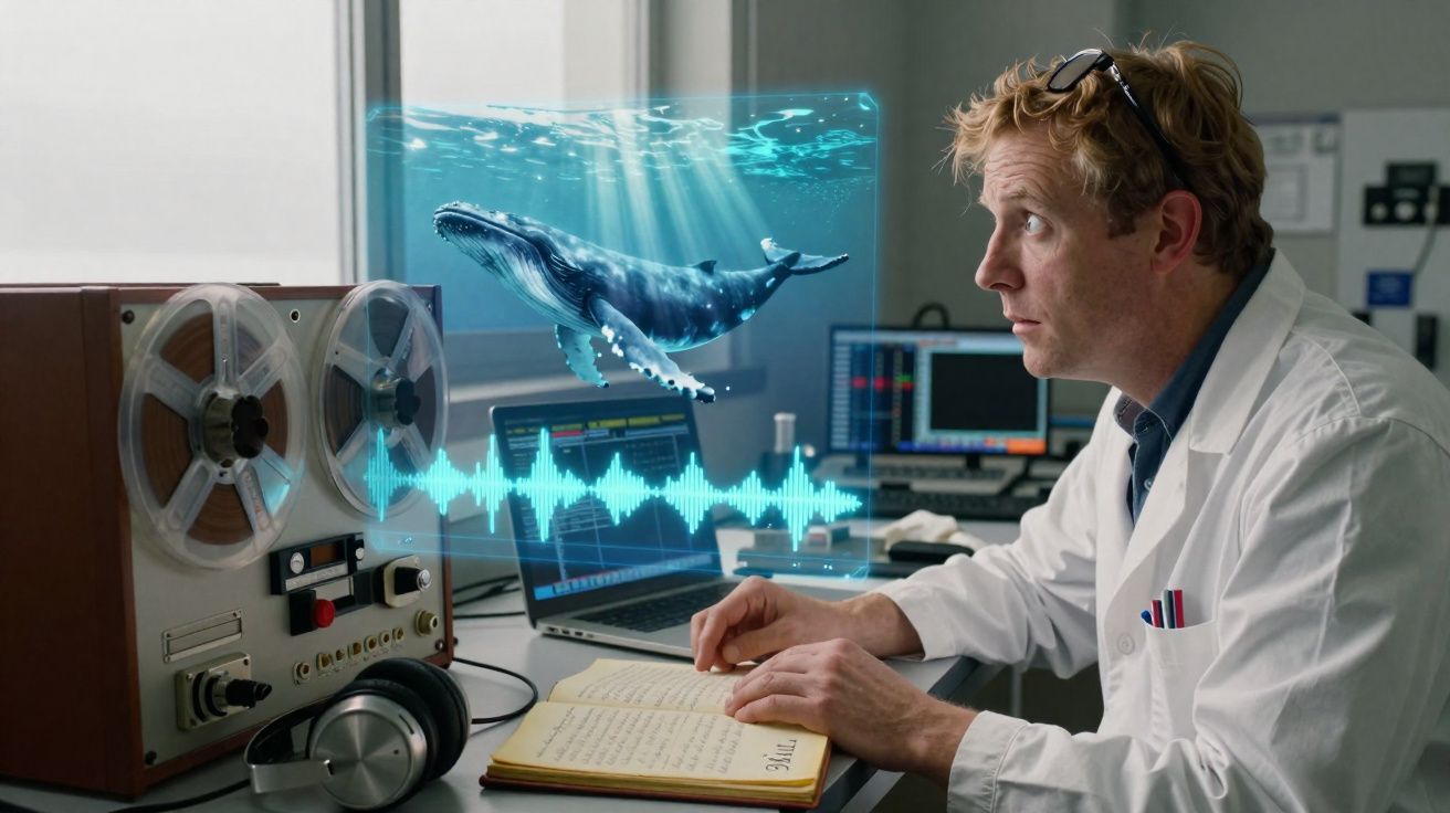Cientista usando jaleco observa holograma de baleia e ondas sonoras em laboratório tecnológico.