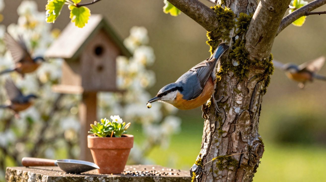 Pássaro com comida no bico agarrado em árvore ao lado de vaso com flores e casinha de passarinho ao fundo.