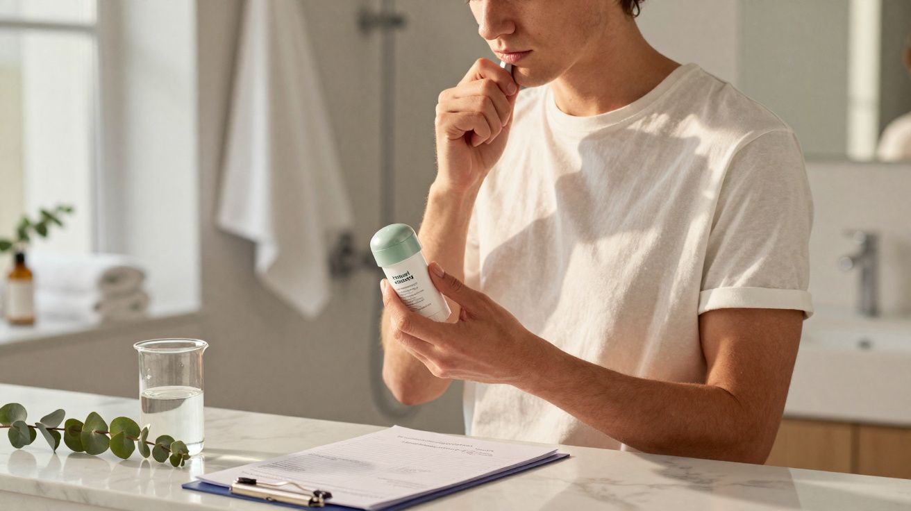 Homem lendo informações de um desodorante em um banheiro com prancheta sobre a bancada.