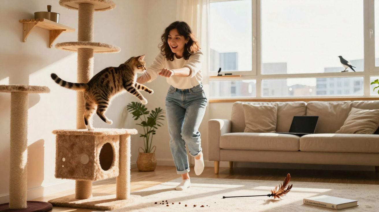 Mulher brincando com gato que pula em arranhador em sala iluminada com sofá e janela ao fundo.