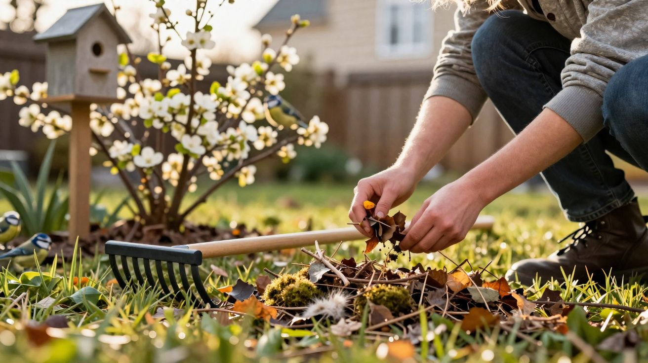 Pessoa agachada juntando folhas secas em jardim com ancinho e árvores floridas ao fundo.