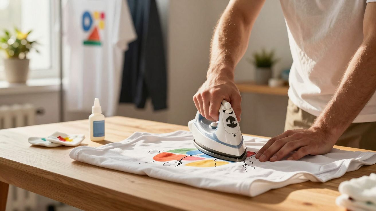 Pessoa passando ferro em camiseta branca com desenho colorido em mesa de madeira clara.