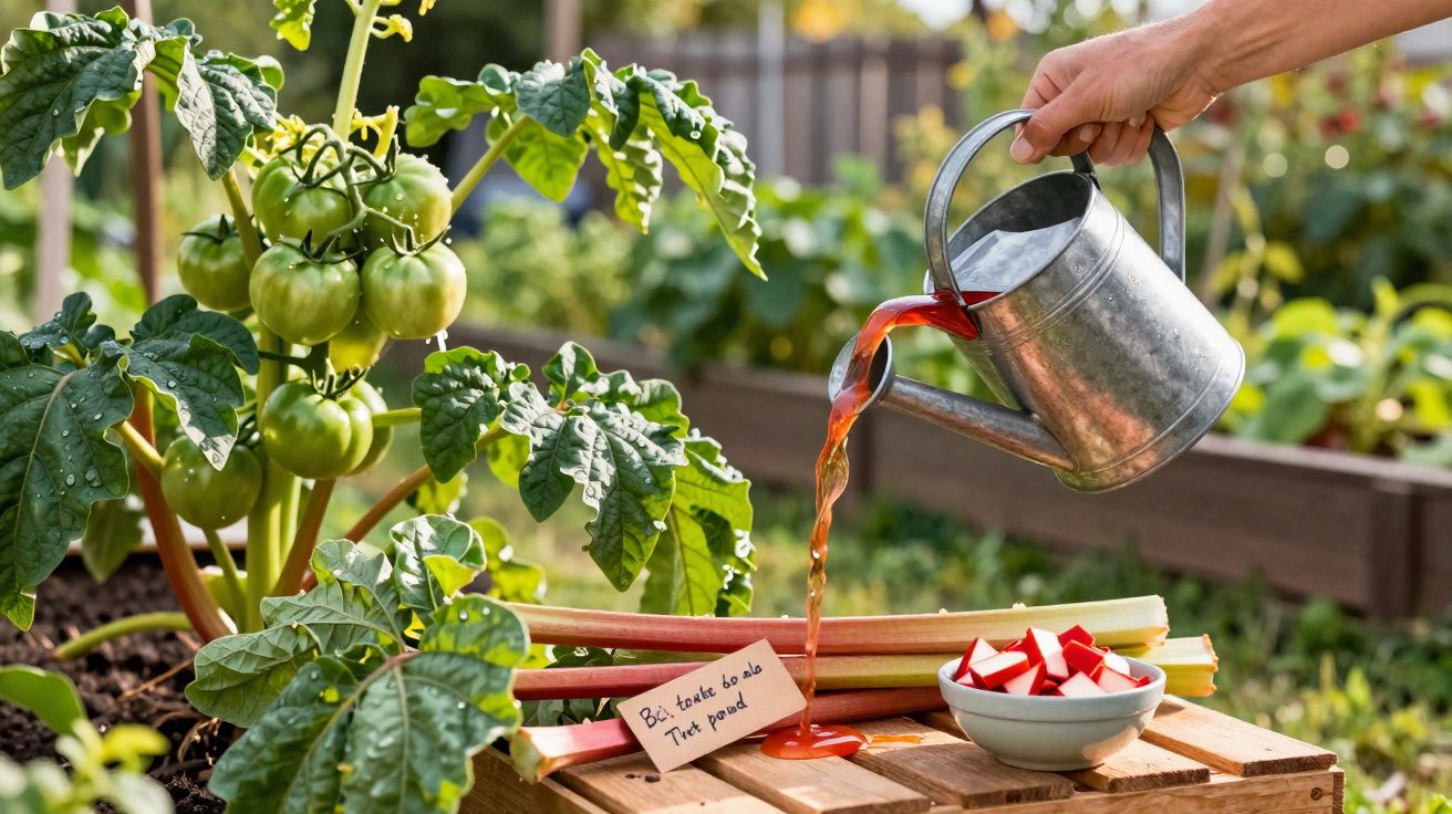 Regador derramando água em pé de tomate verde junto a talos e tigela com pedaços de tomate no jardim.