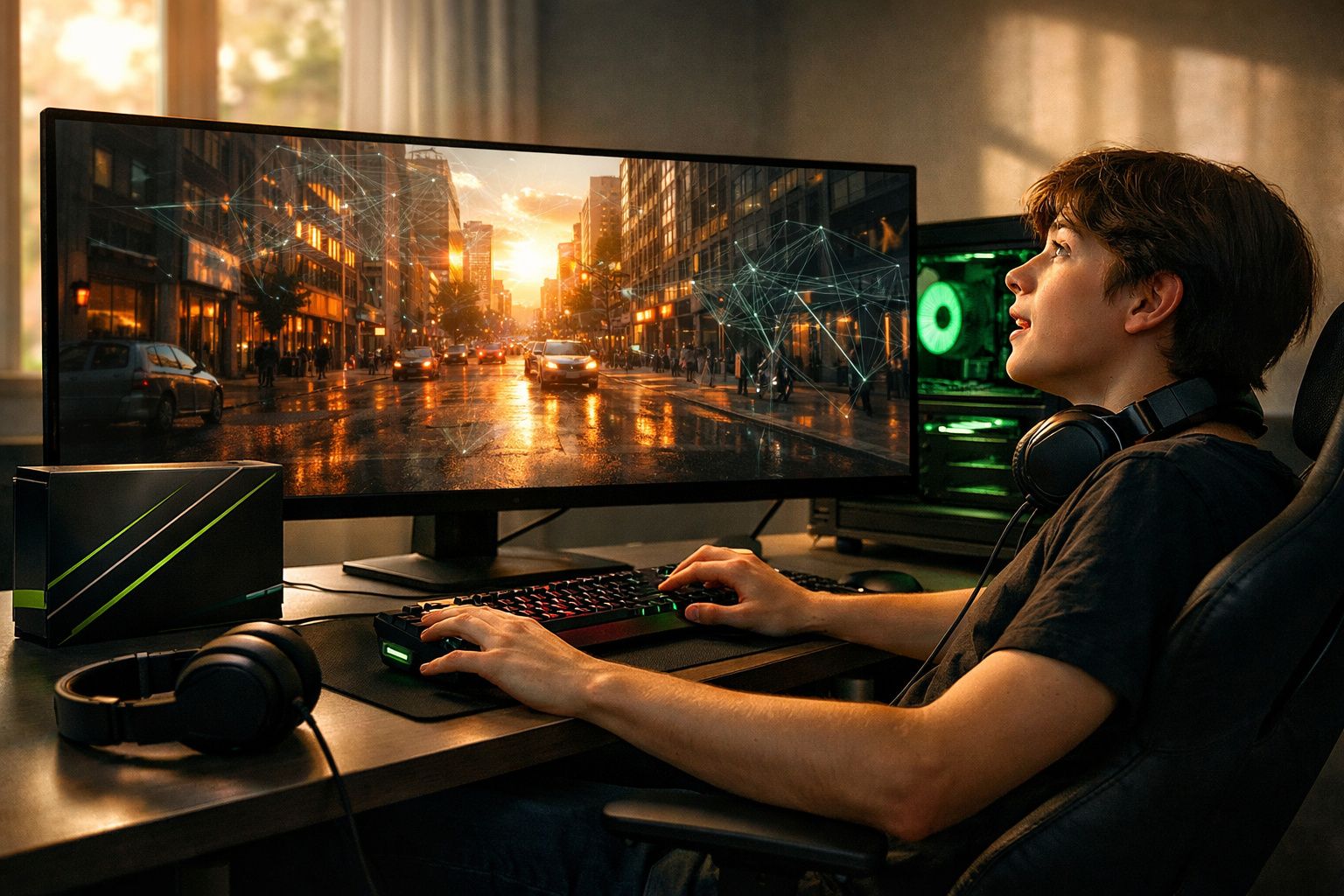 Jovem usando fone de ouvido sentado em mesa com computador e monitor ultrawide exibindo cidade ao pôr do sol.