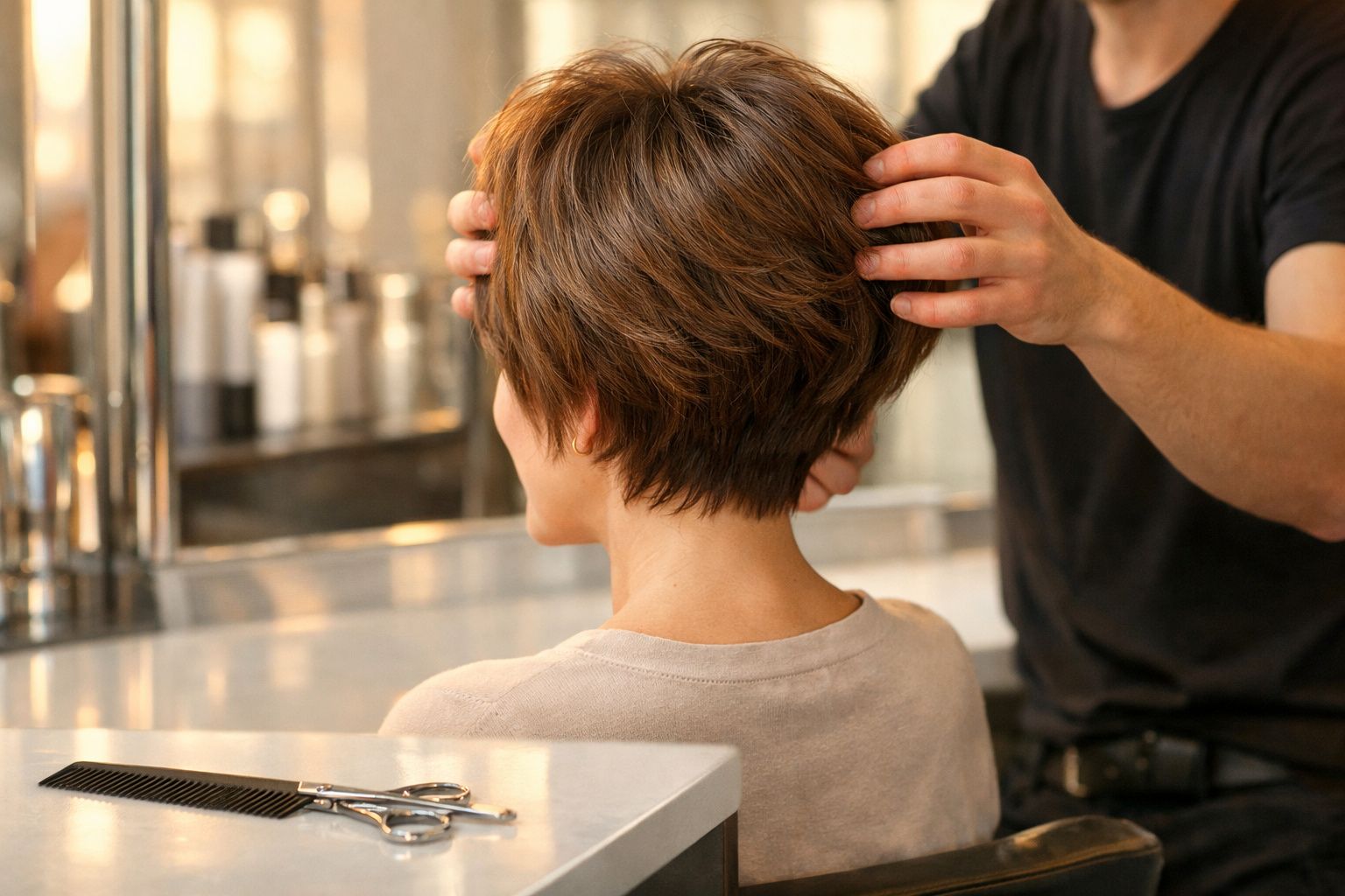 Pessoa de cabelo curto sendo arrumada por cabeleireiro em salão, com tesoura e pente na bancada.