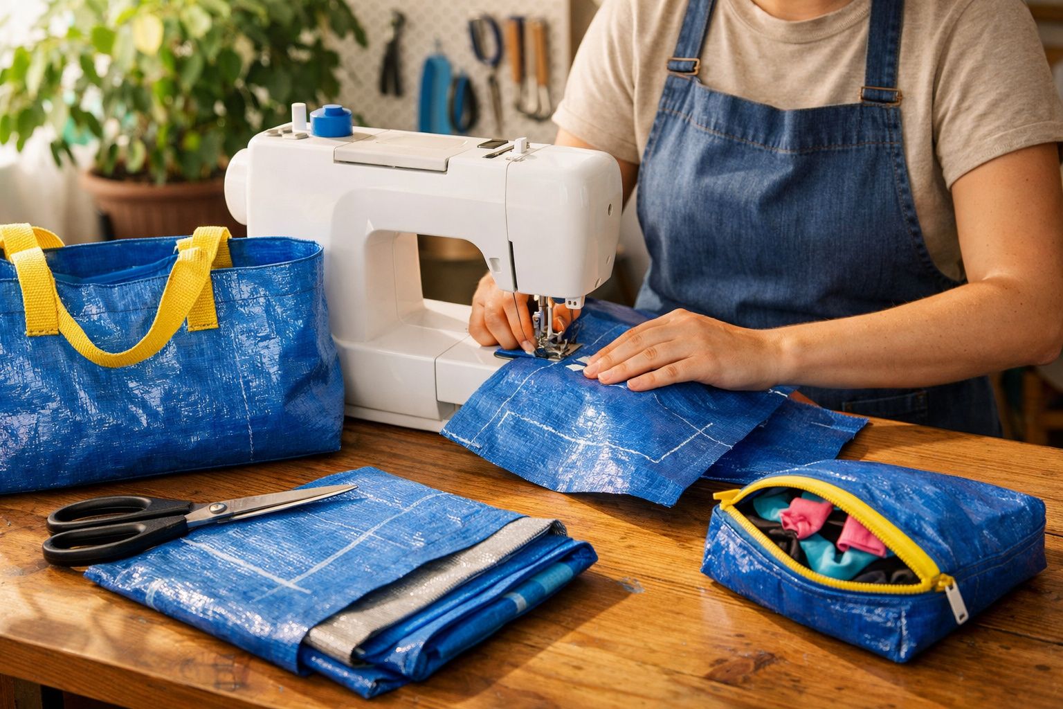 Pessoa costurando tecido azul em máquina de costura, com tesoura e bolsa azul na mesa de madeira.