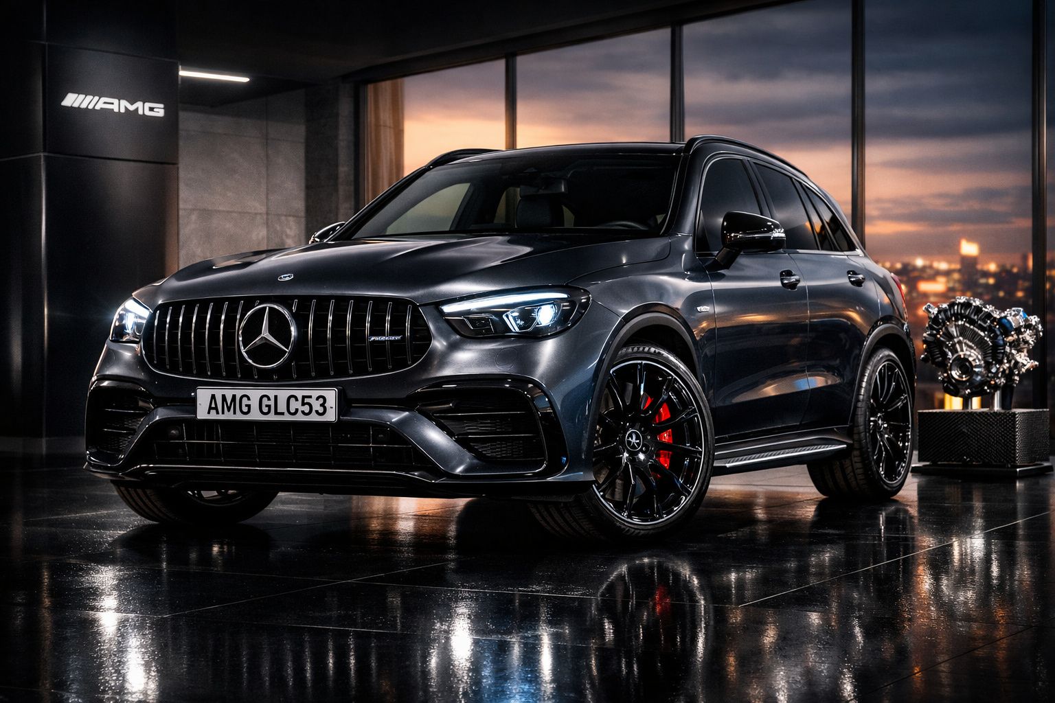 Mercedes-Benz AMG GLC 53 preto exibido em ambiente interno com motor exposto ao lado e iluminação noturna.