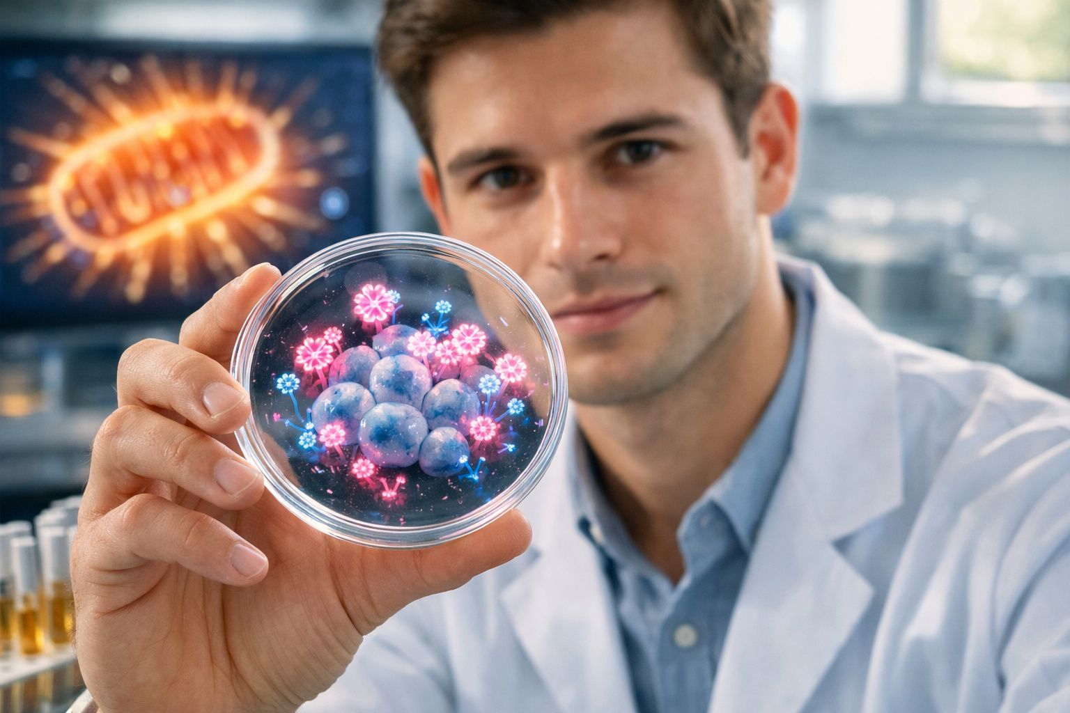 Cientista segurando placa de petri com células e imagens digitais holográficas coloridas em laboratório.