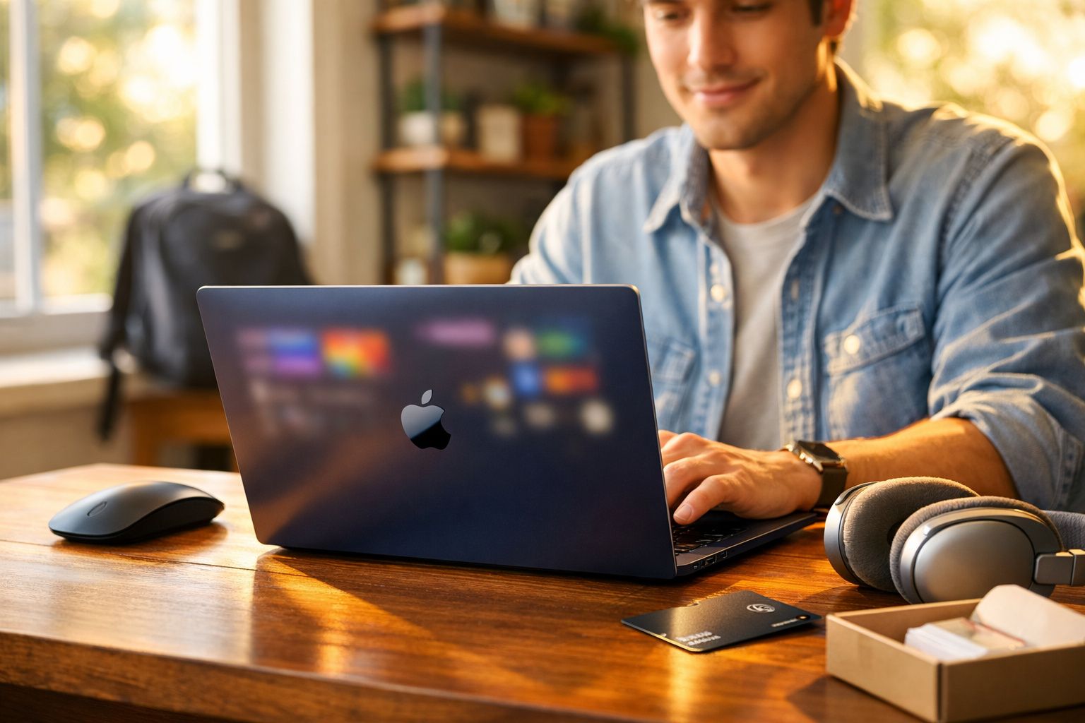 Pessoa usando notebook Apple em mesa de madeira com mouse, cartão e fones de ouvido ao lado.