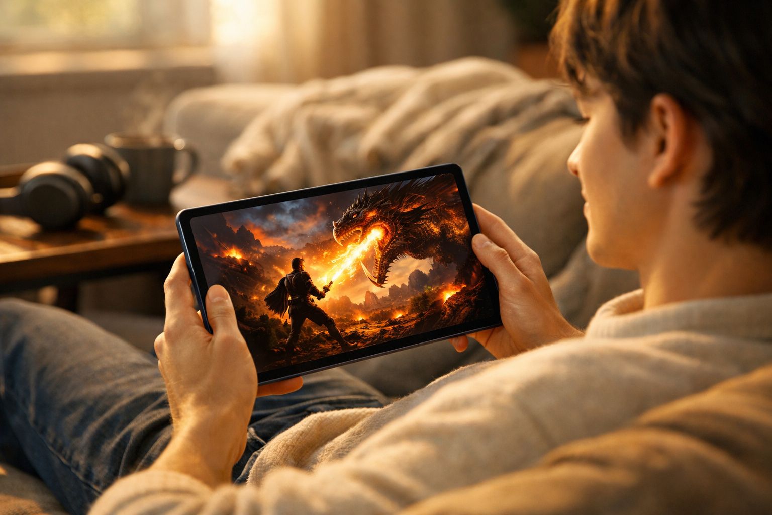 Homem sentado no sofá jogando em tablet imagem de batalha entre guerreiro e dragão cuspindo fogo.