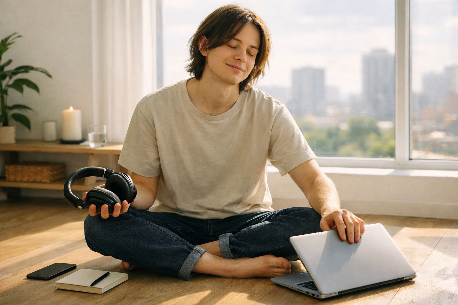 Pessoa sentada no chão em posição de lótus, segurando fones de ouvido e laptop, com expressão relaxada.