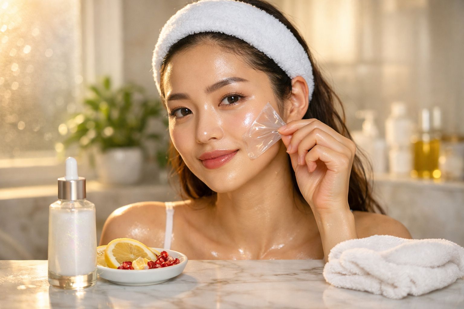 Mulher com faixa na cabeça aplicando máscara facial hidratante em ambiente de banheiro iluminado.