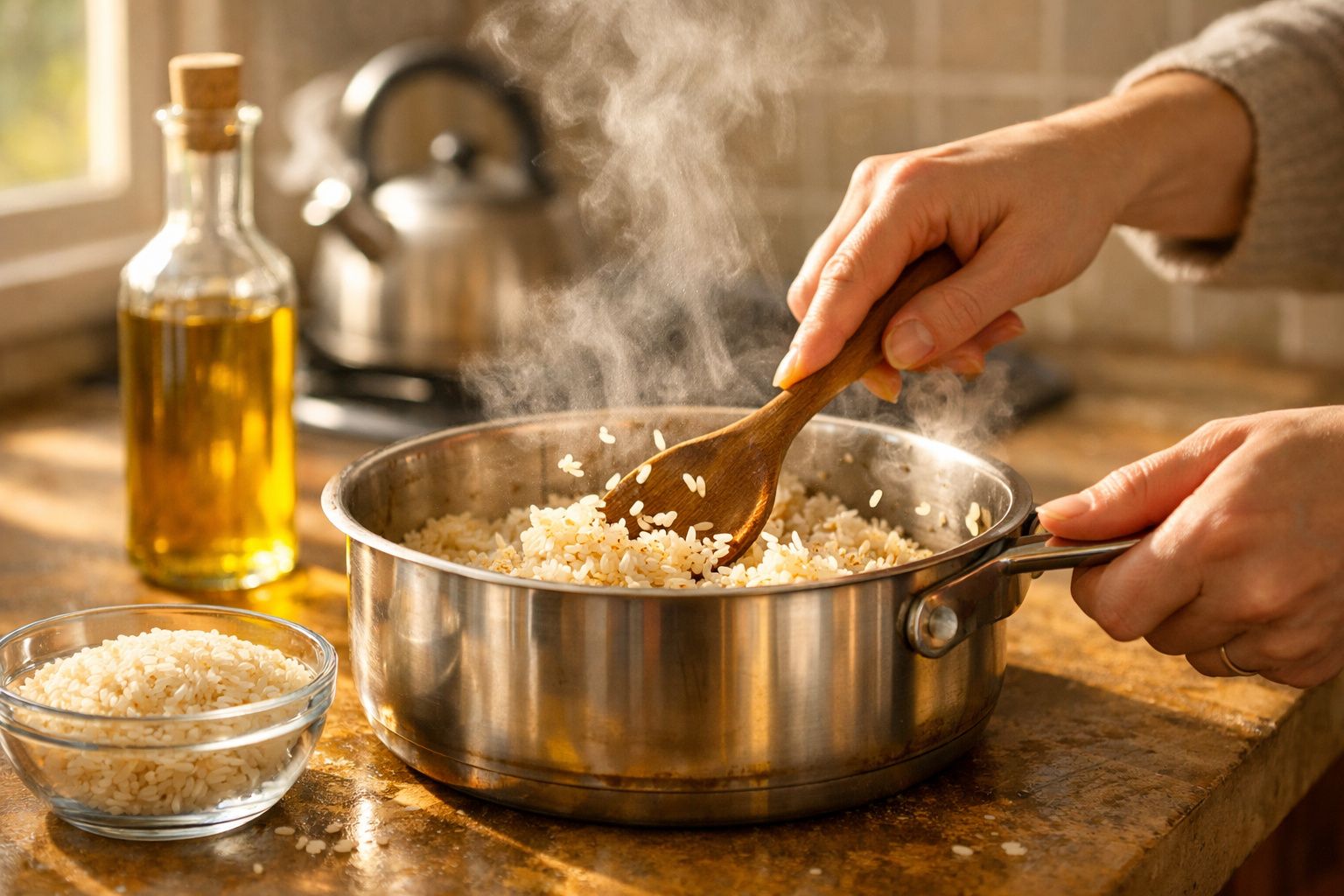 Mãos mexendo arroz quente em panela de inox com vapor saindo, ao lado tigela com arroz cru e garrafa de óleo.