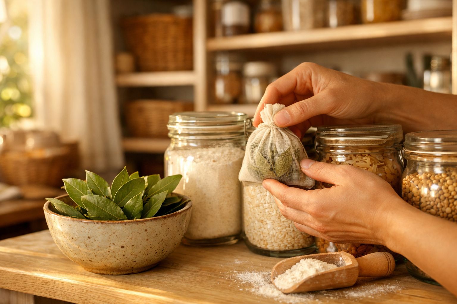 Mãos segurando sachê de ervas, com potes de grãos e folhas de louro em tigela sobre mesa de madeira.