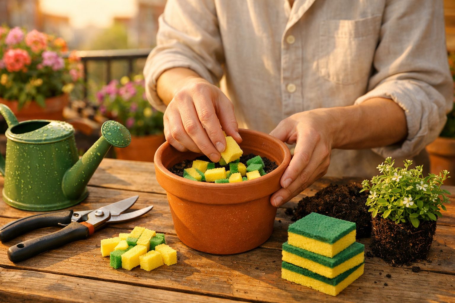 Pessoa colocando pedaços de esponjas dentro de vaso de barro com terra para plantio.
