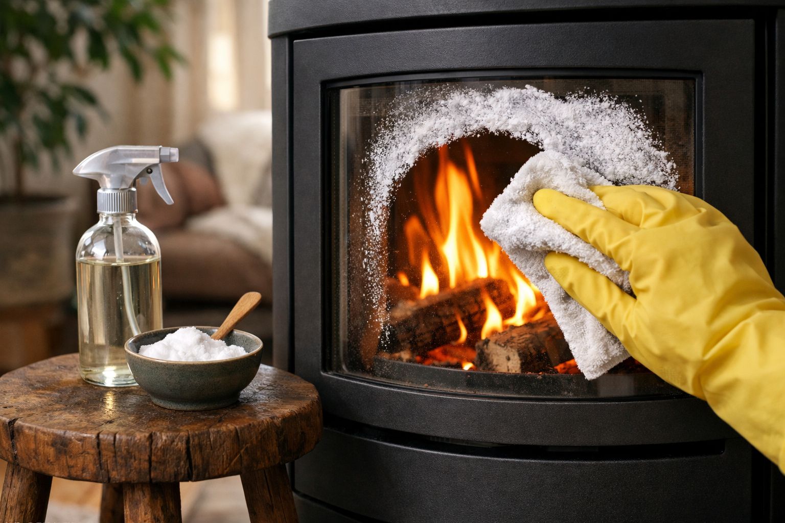 Pessoa com luva amarela limpando a porta de vidro de uma lareira acesa com pano e bicarbonato.