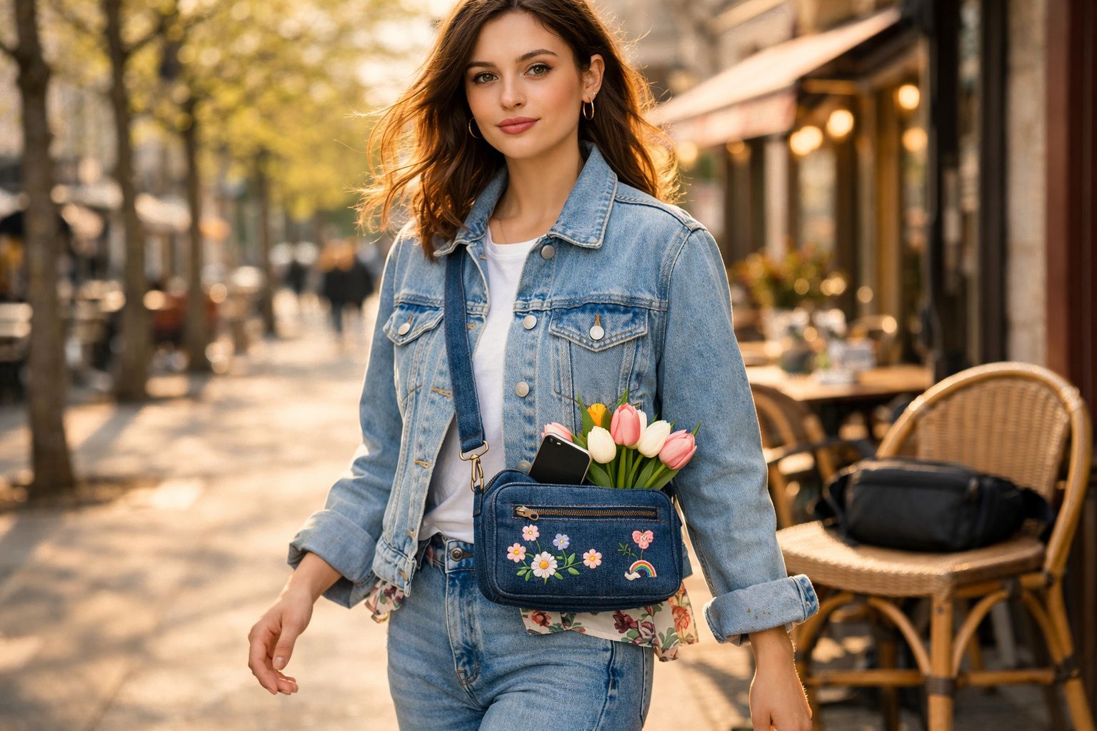 Mulher jovem com jaqueta jeans e bolsa com flores caminhando em rua ensolarada com cadeiras de madeira ao fundo.