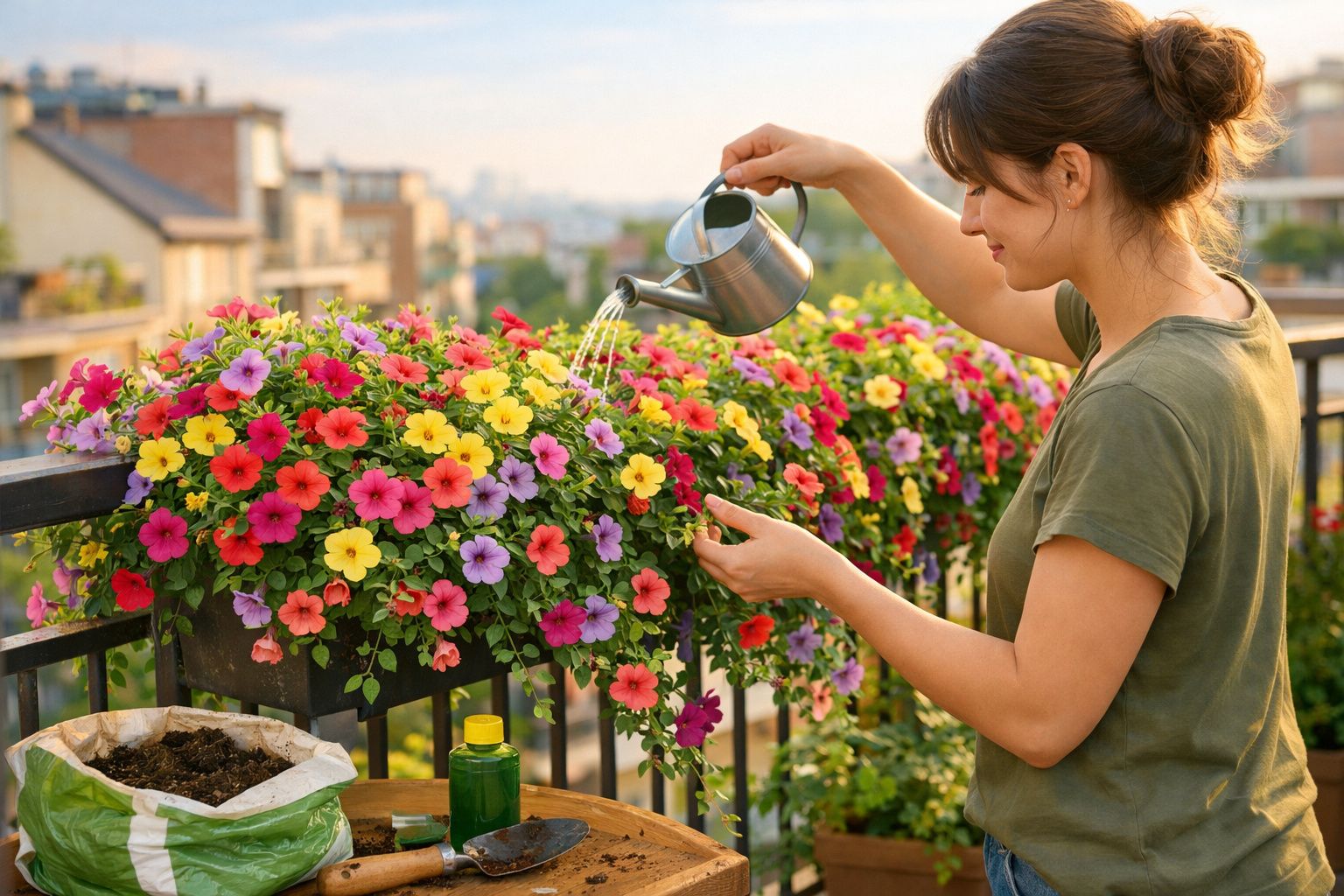 Mulher regando flores coloridas em vasos na varanda de apartamento ao ar livre.