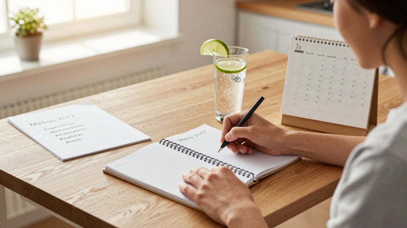 Pessoa escrevendo metas de 2017 em caderno, com calendário e copo de água com limão em mesa de madeira.