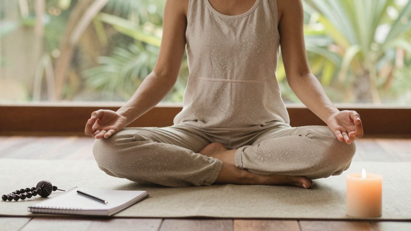 Pessoa sentada em posição de meditação com caderno, lápis, vela acesa e contas de oração ao lado.