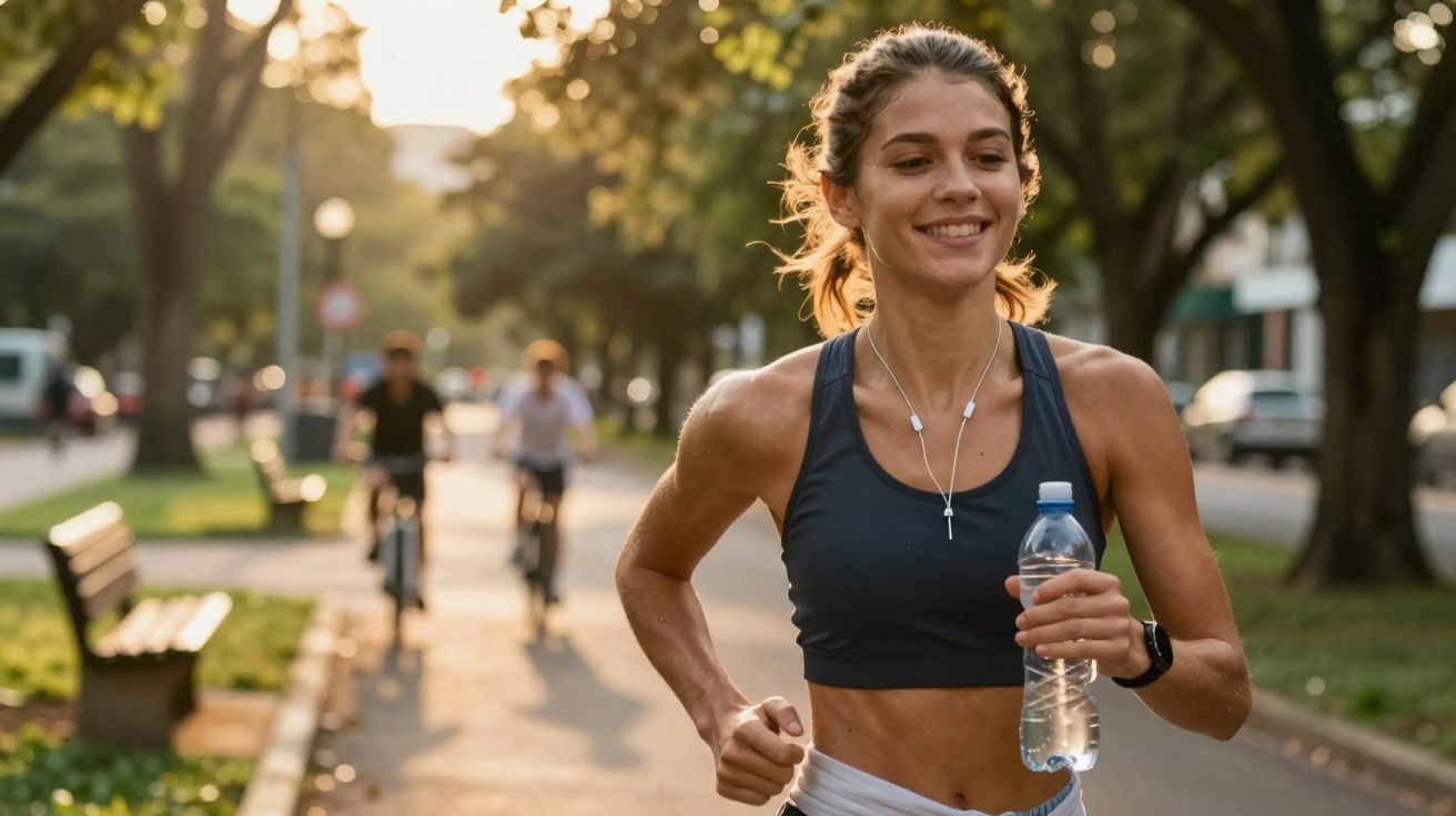 Mulher sorridente correndo com camiseta regata preta em parque ao pôr do sol, segurando garrafa de água.