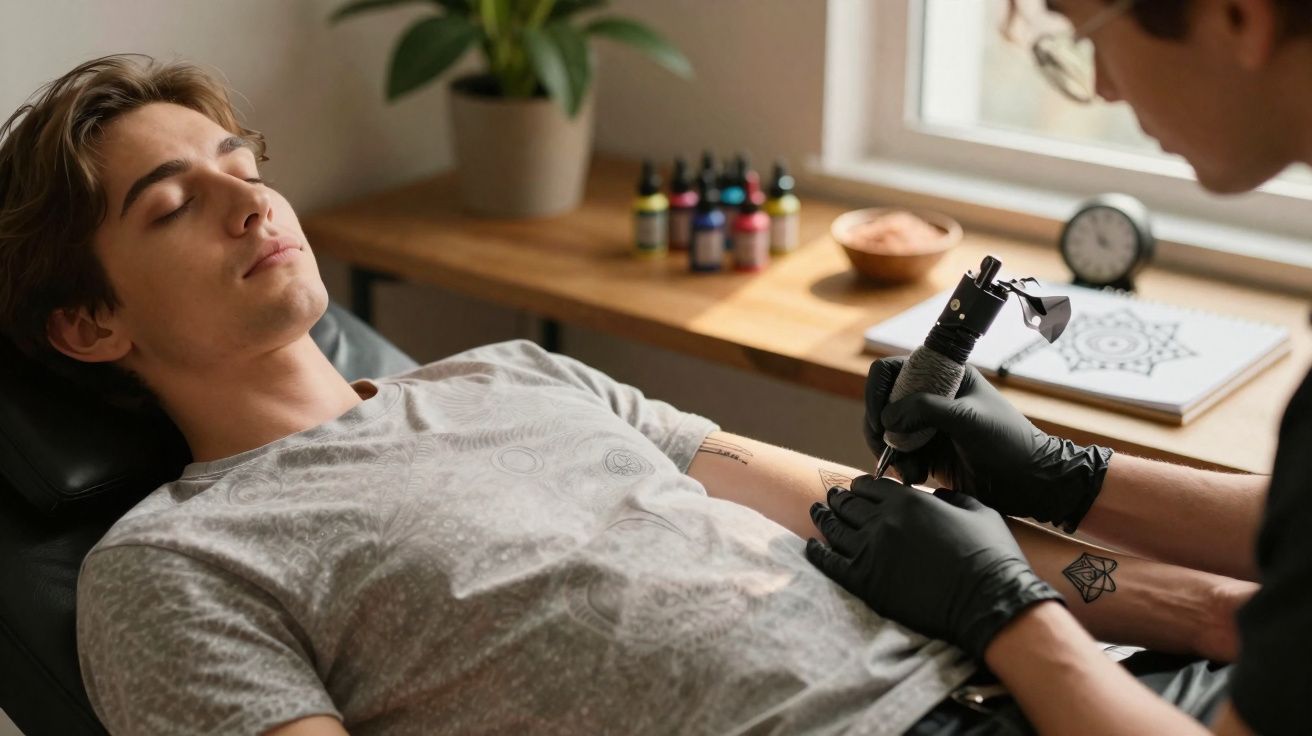 Jovem de olhos fechados fazendo tatuagem no antebraço em estúdio iluminado por luz natural.