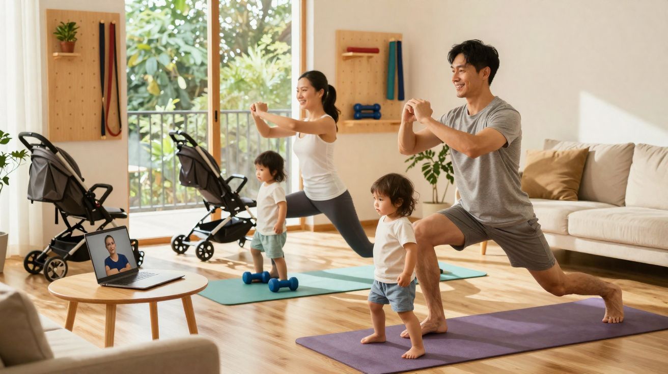 Família com dois adultos e duas crianças fazendo exercícios em casa com aula online, usando tapetes e pesos.