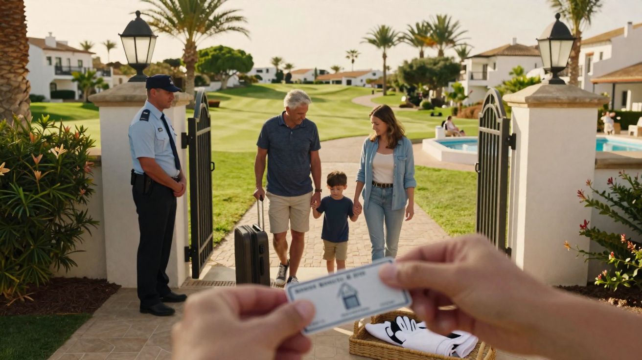 Mão segurando cartão de acesso para família com criança entrando em condomínio fechado com segurança.