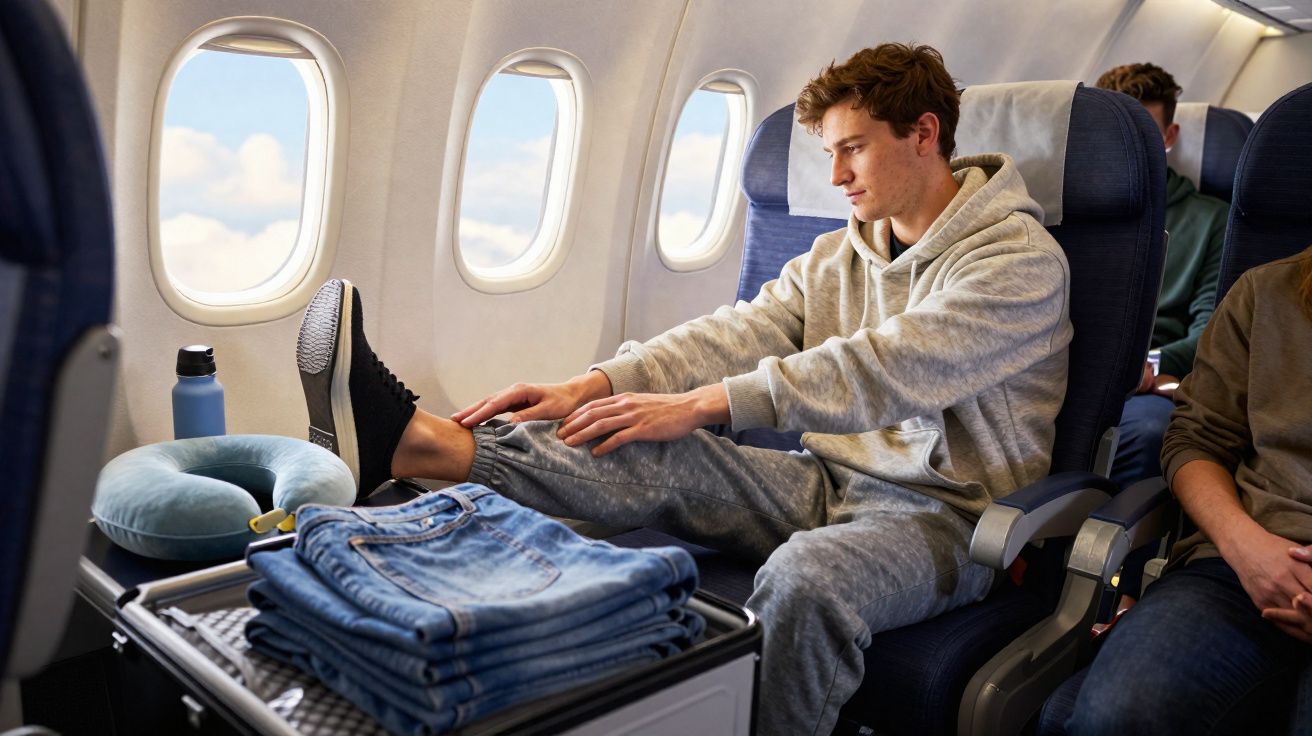 Jovem sentado em avião estica a perna sobre bandeja com jeans dobrados e travesseiro de pescoço azul.