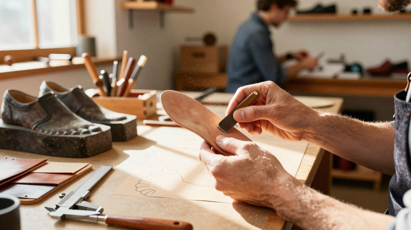 Artista trabalhando em uma palmilha de couro em oficina de fabricação de calçados artesanais.