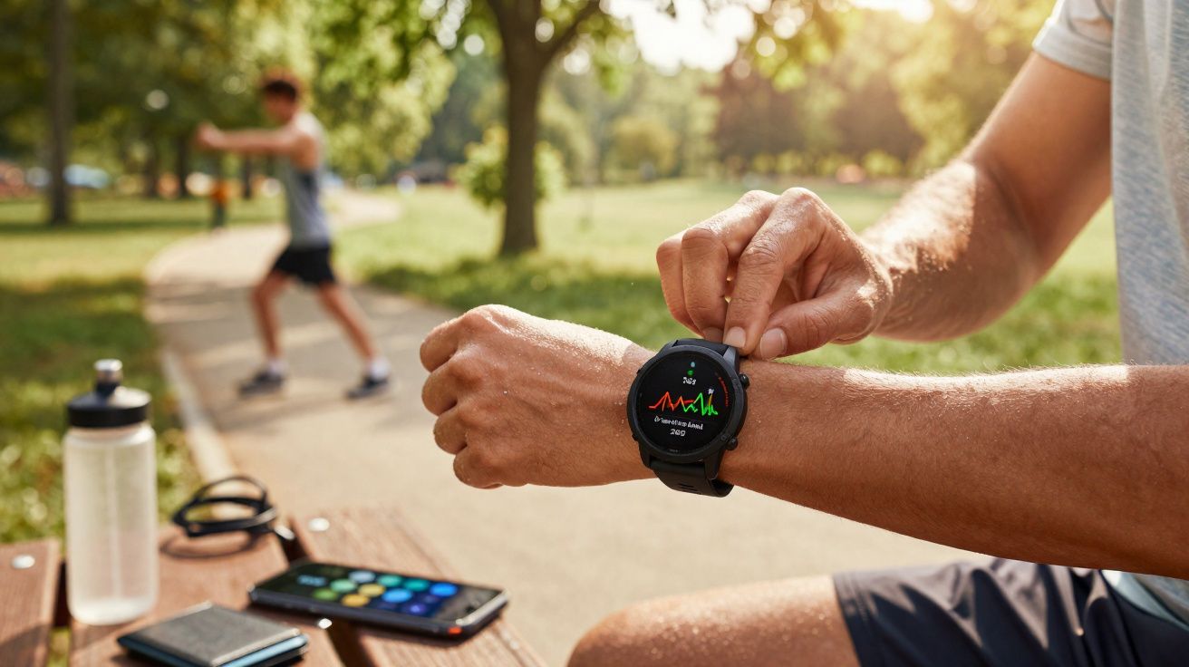 Pessoa ajustando relógio inteligente com gráfico de atividade física em parque com pessoa ao fundo se exercitando.
