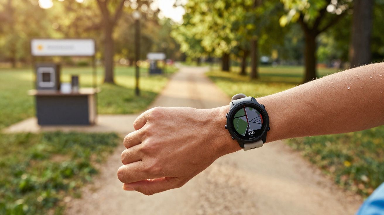 Braço com relógio esportivo que exibe mapa em trilha ao ar livre em parque ensolarado.