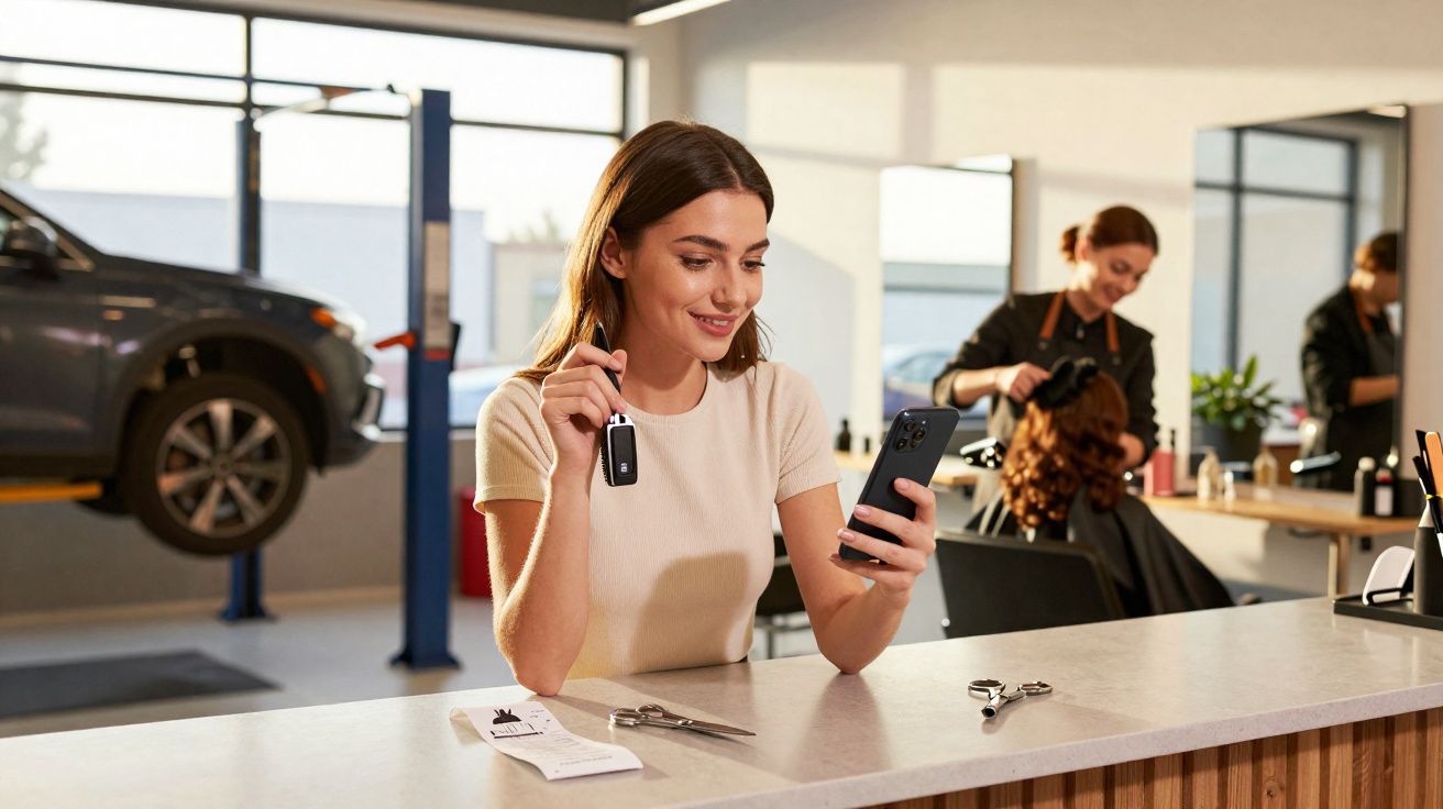 Mulher sorridente segurando chave e olhando celular em balcão, salão de beleza ao fundo com cabeleireira.