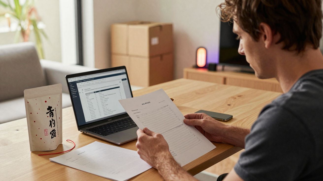 Homem sentado à mesa analisando documento com laptop aberto e pacotes na sala ao fundo.