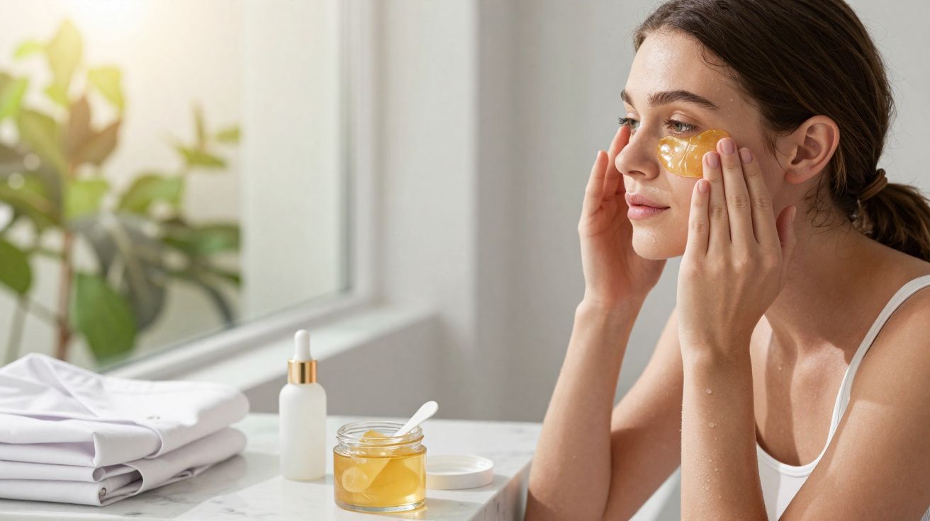 Mulher aplicando máscara facial dourada sob os olhos em ambiente iluminado e natural.
