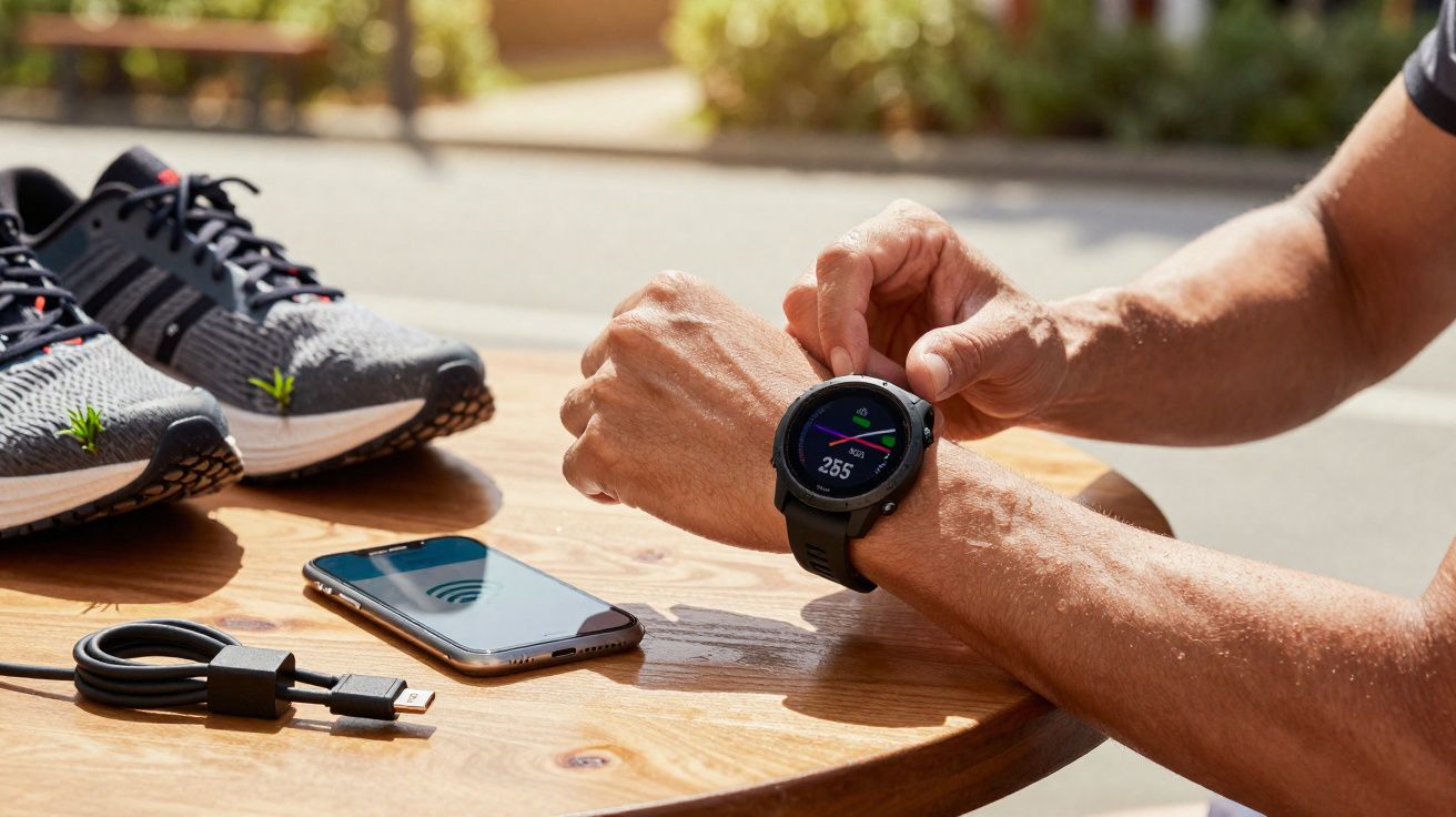 Pessoa ajustando relógio esportivo preto, tênis, celular e cabo USB sobre mesa de madeira ao ar livre.