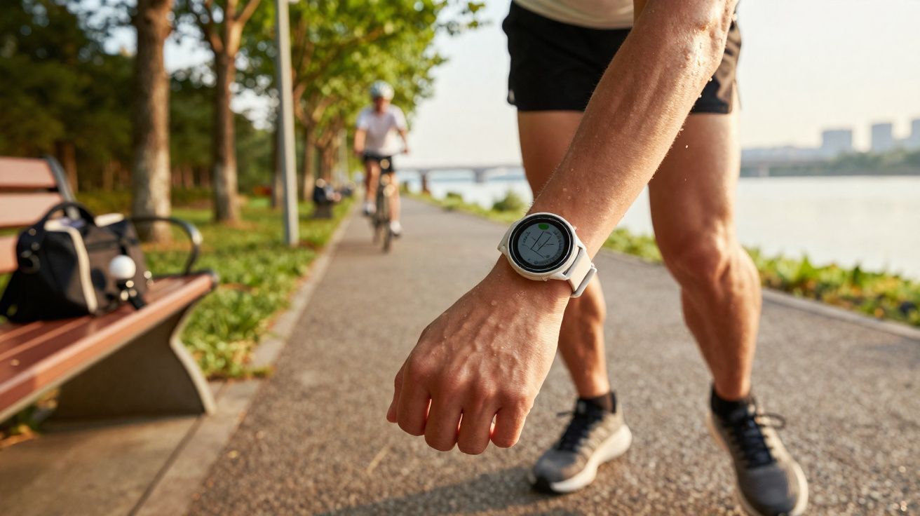 Pessoa usando relógio esportivo em caminho de parque, com ciclista ao fundo e banco ao lado.