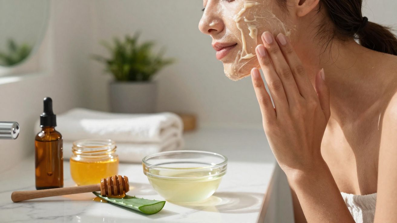 Mulher aplicando máscara facial natural com mel e babosa em banheiro iluminado.