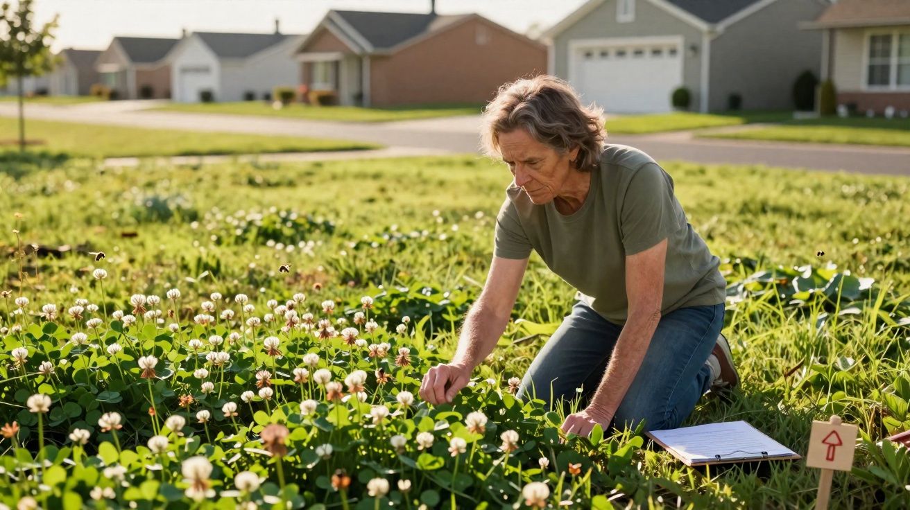 Pessoa idosa investigando plantas em campo aberto com casas ao fundo, durante o dia ensolarado.