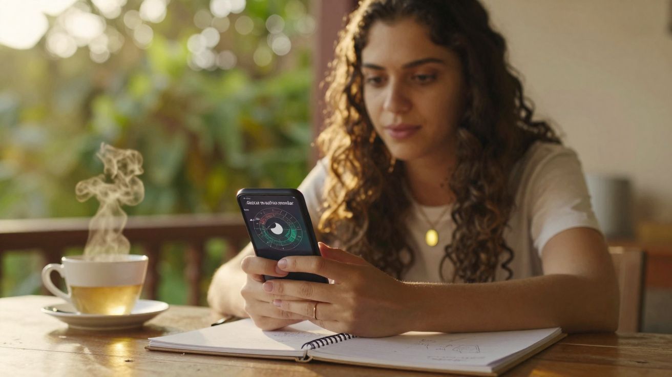 Mulher com cabelo cacheado usando celular sentada à mesa com caderno aberto e xícara de chá fumegante.